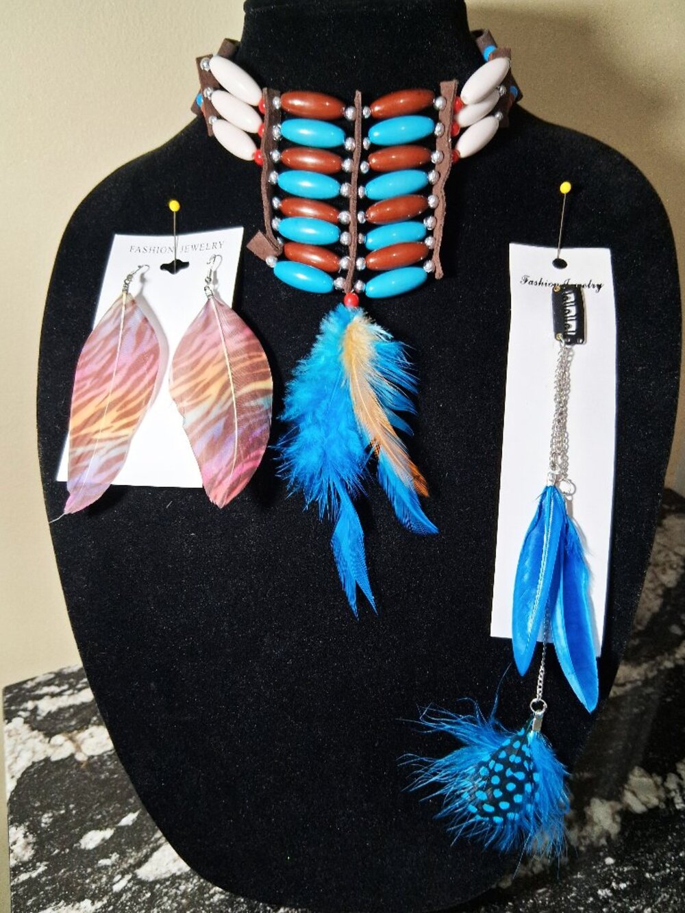 3 items= BOHO Turquoise Brown Feather Choker Necklace - Earrings - Hair Clip - Picture 2 of 5